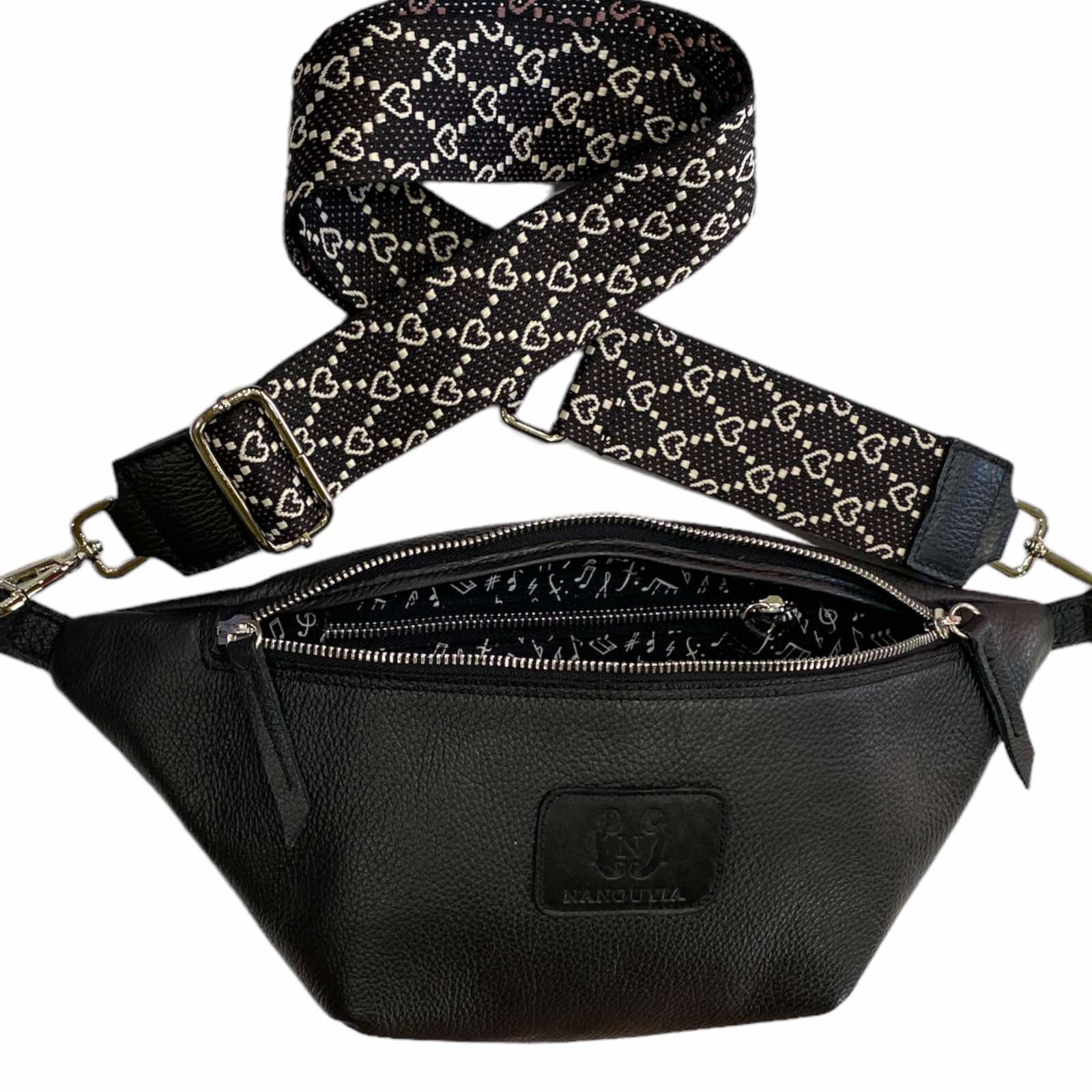 Black leather belt bag with silver metals