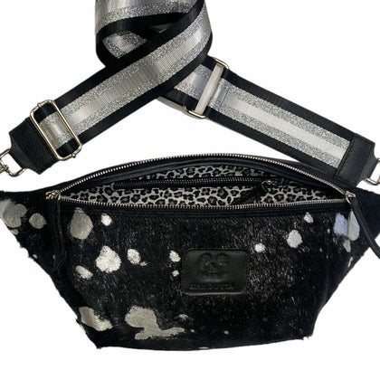 XL black and silver vintage calf-hair leather belt bag