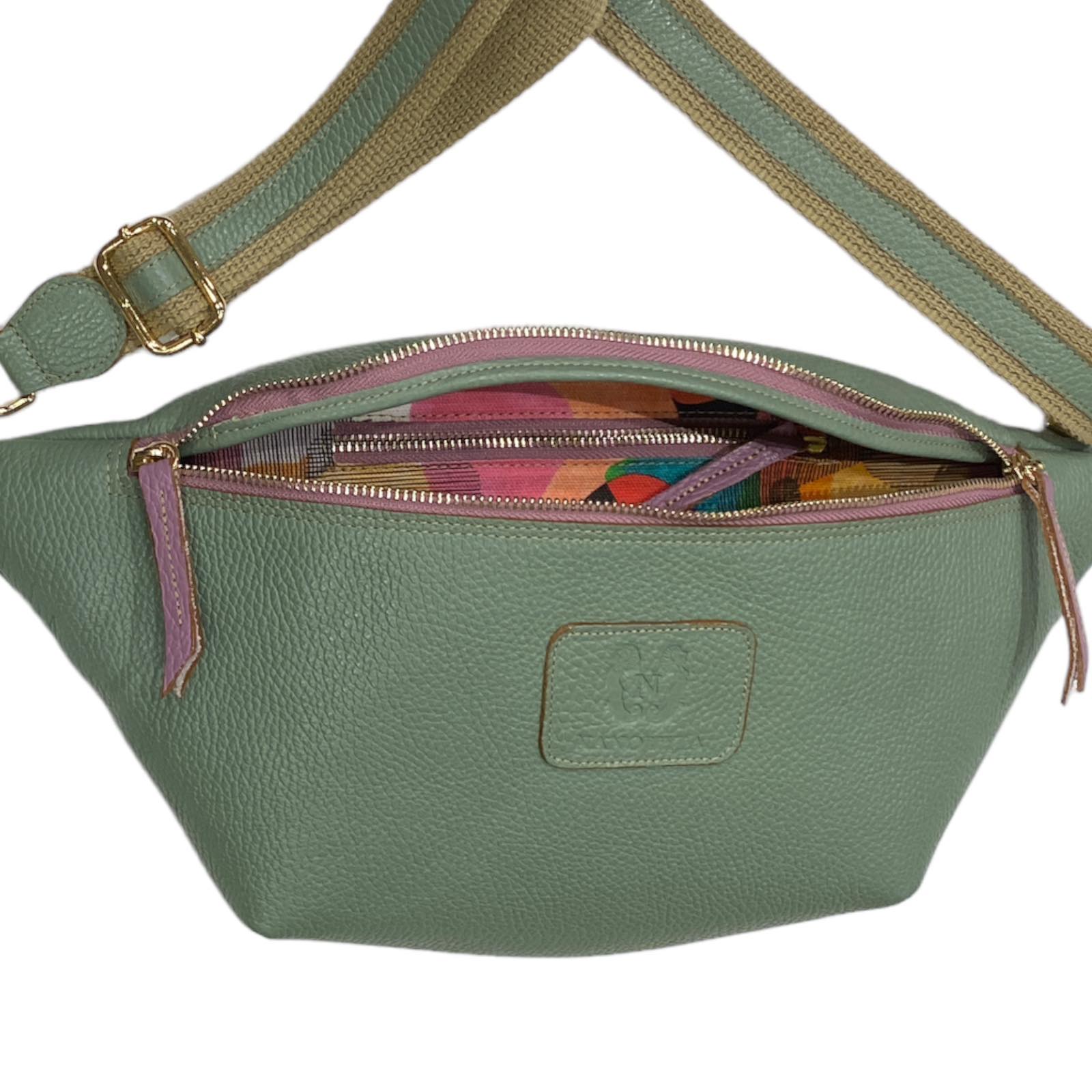 XL sage green leather belt bag with lilac details