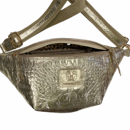 Gold alligator-print leather belt bag