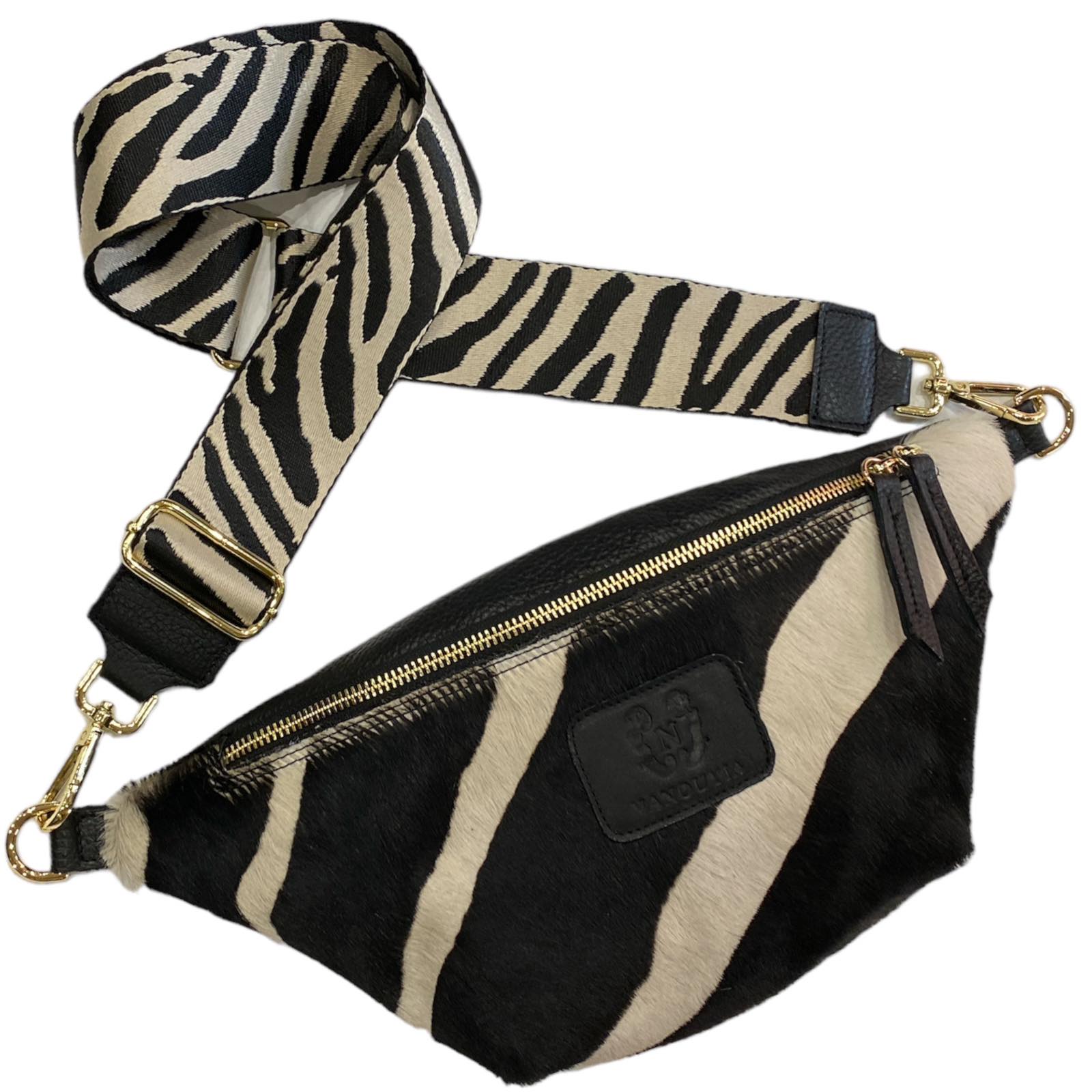Black and white zebra-print calf-hair leather belt bag