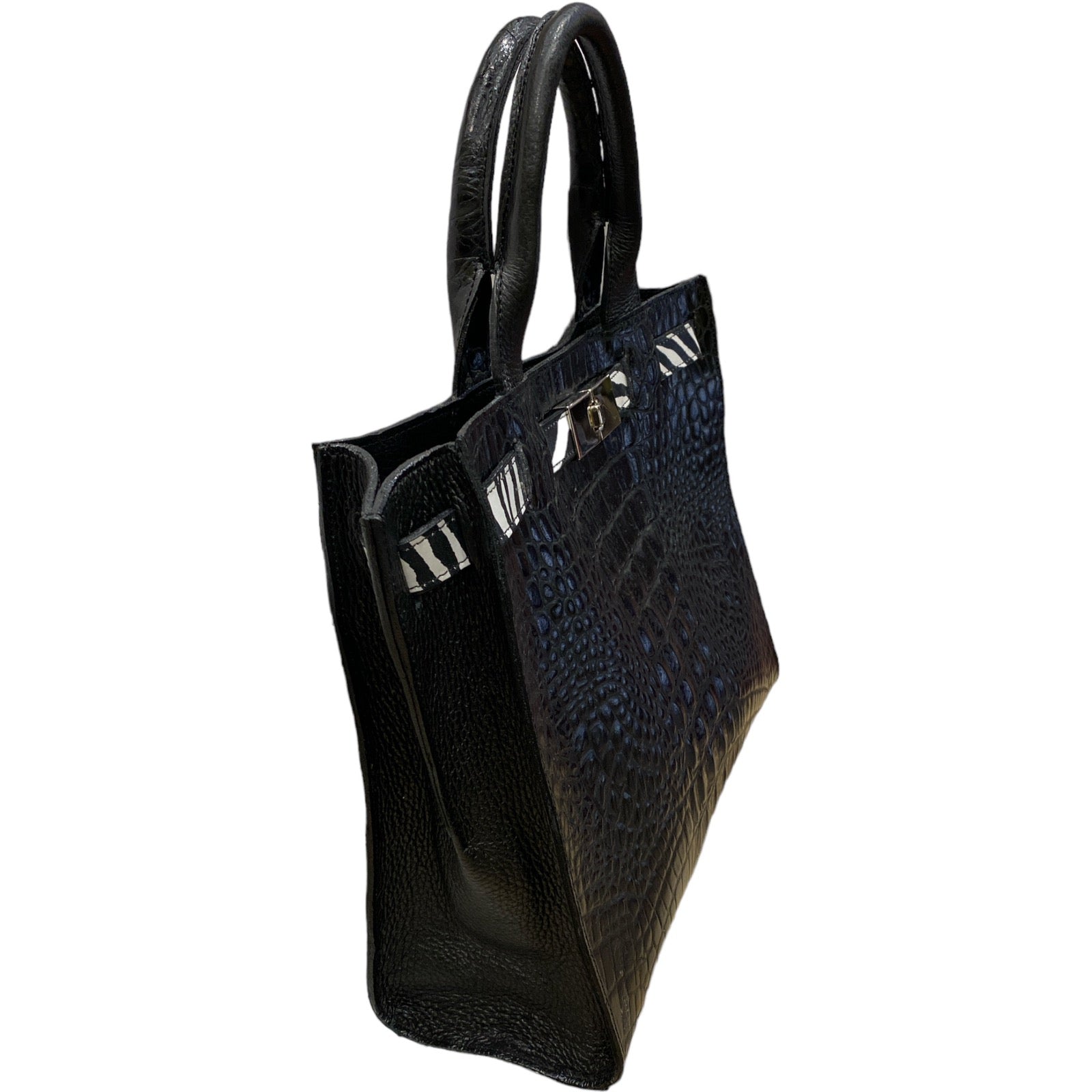Greta L. Black alligator-print leather tote bag