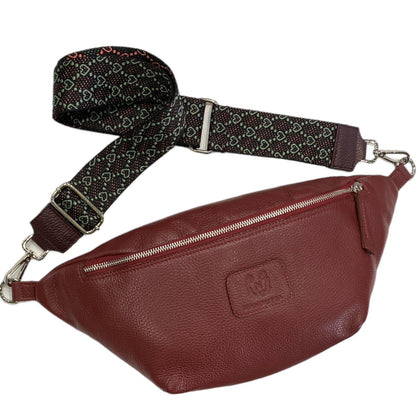 XL red wine leather belt bag with two straps