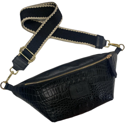 XL black alligator-print leather belt bag with minimal strap