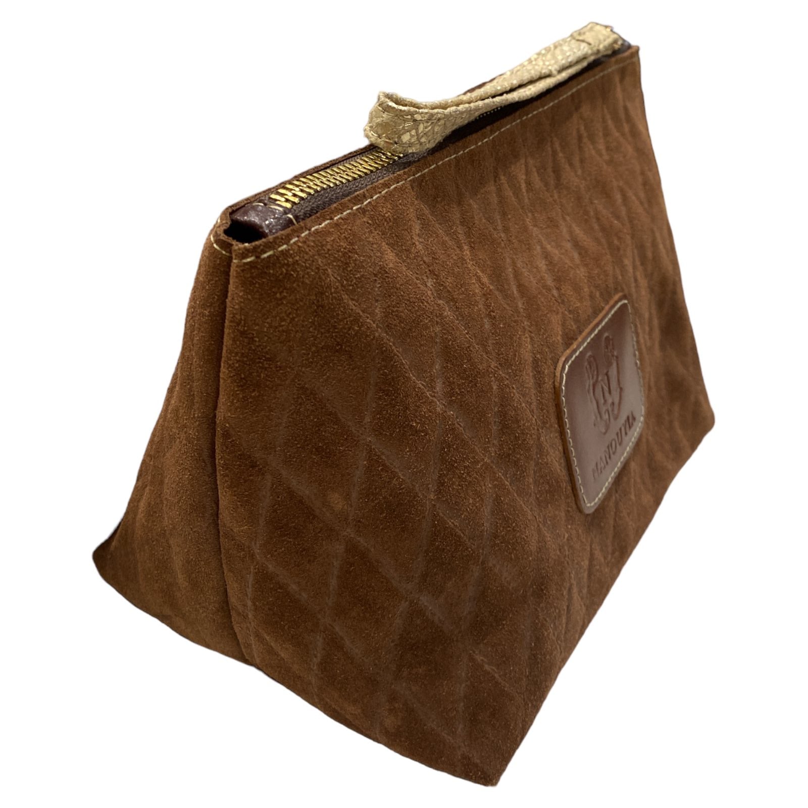 Brown quilted suede leather beauty case