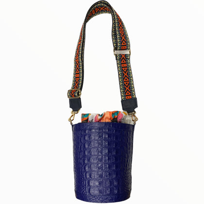 Royal blue alligator-print leather bucket bag