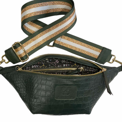 Forest green croco-print leather belt bag