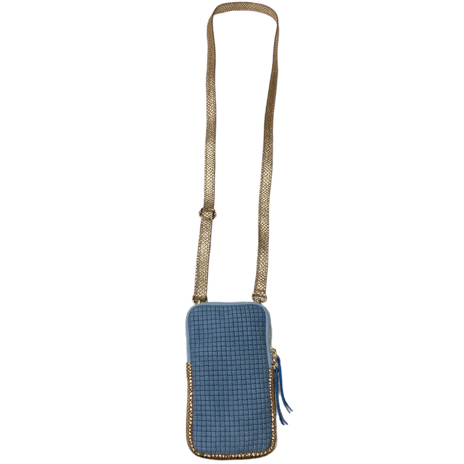 Raf blue woven-print and gold mobile leather case