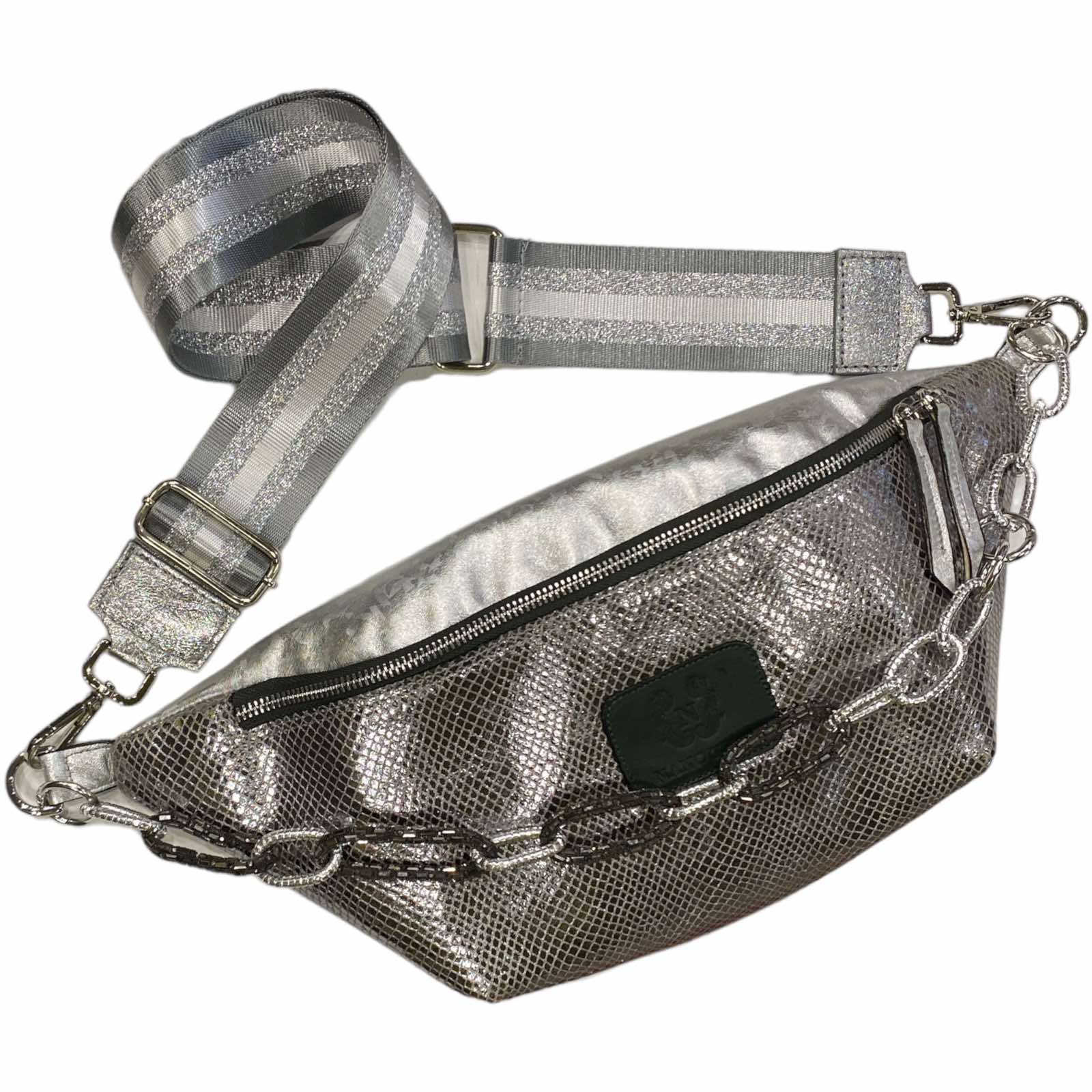XL silver metallic leather belt bag