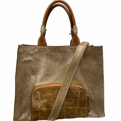 Felice. Gold and taba leather shoulder bag with pocket