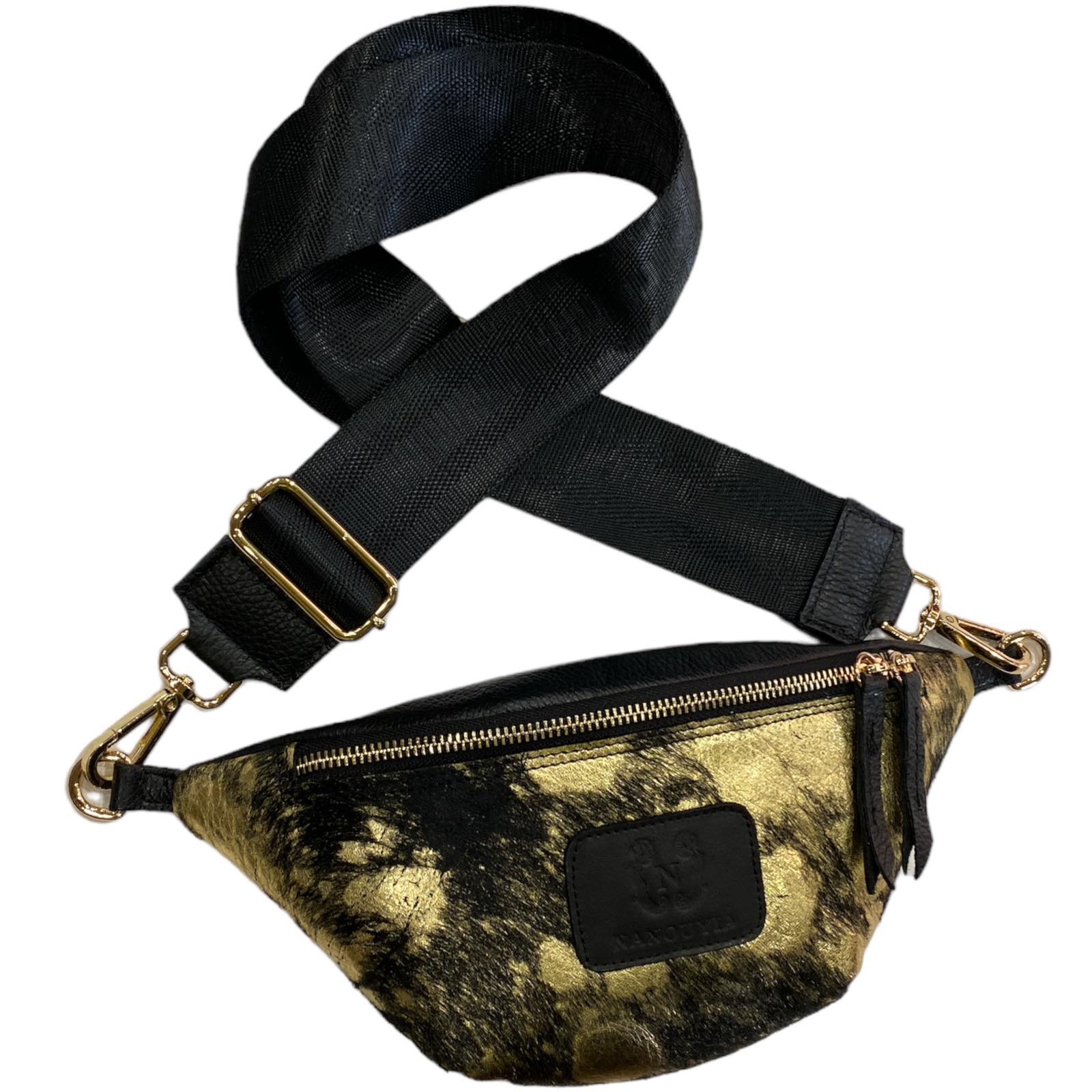 Mini black and gold vintage calf-hair leather belt bag