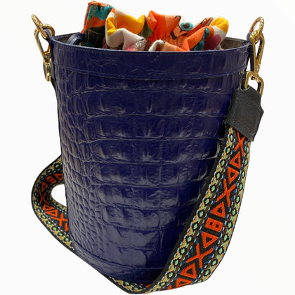 Royal blue alligator-print leather bucket bag
