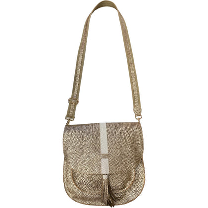 Lara L. Gold leather messenger bag with white details