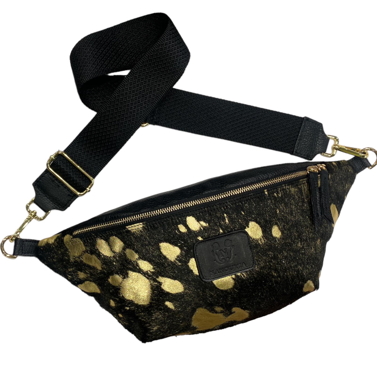 XL black and gold vintage calf-hair leather belt bag