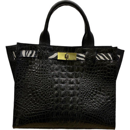 Greta M. Black alligator-print leather tote bag