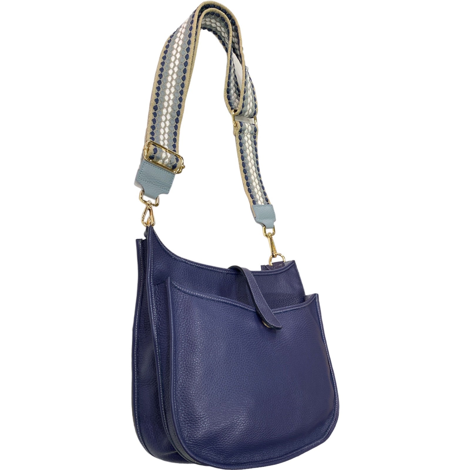 Anna. Navy blue leather messenger bag