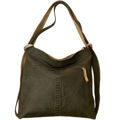 Alice L. Olive green and gold shoulder bag and backpack