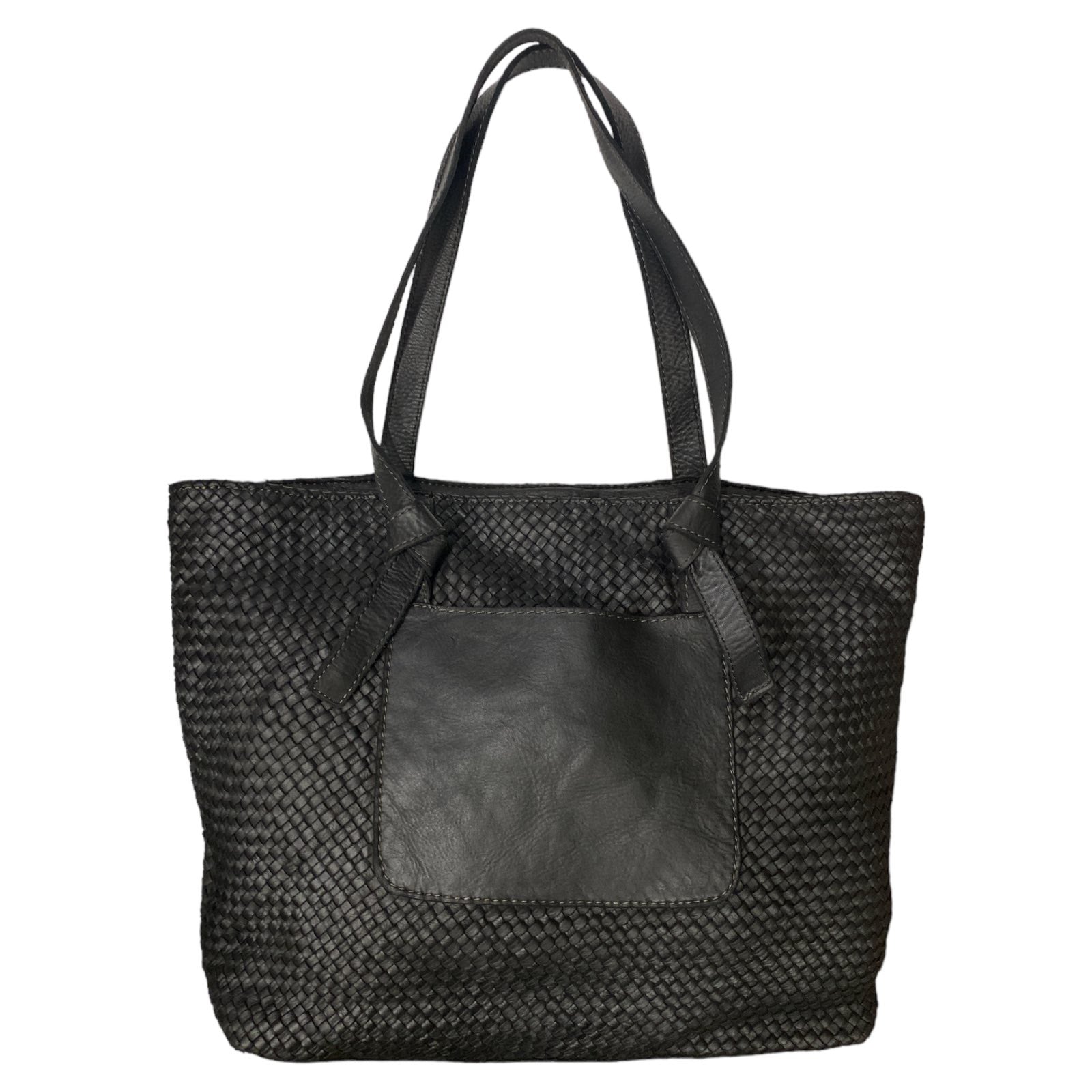Black woven leather shoulder bag with front pocket
