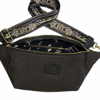 XXL black woven-print leather belt bag