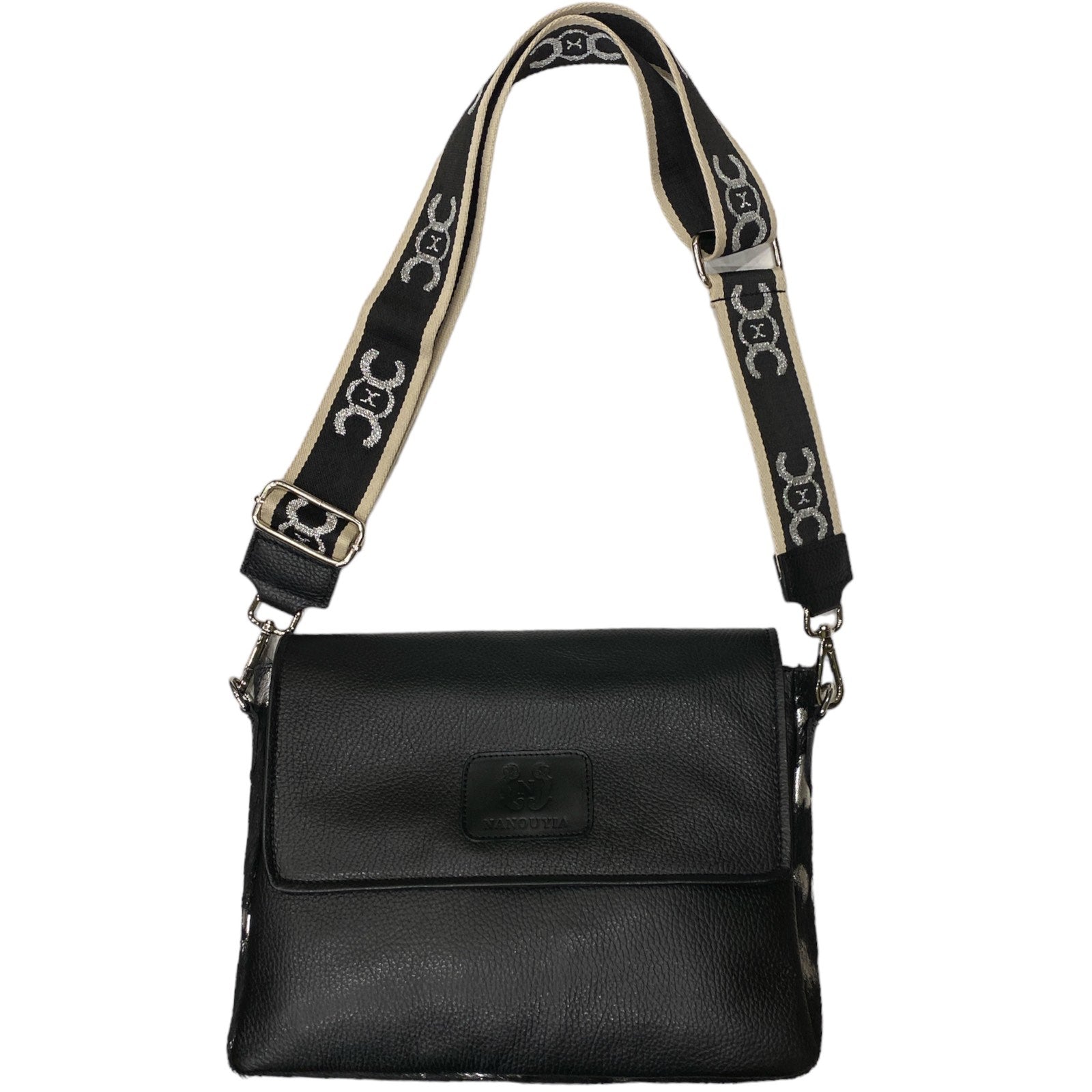 MANDY. BLACK LEATHER WITH ART SILVER SIDES STATEMENT BAG