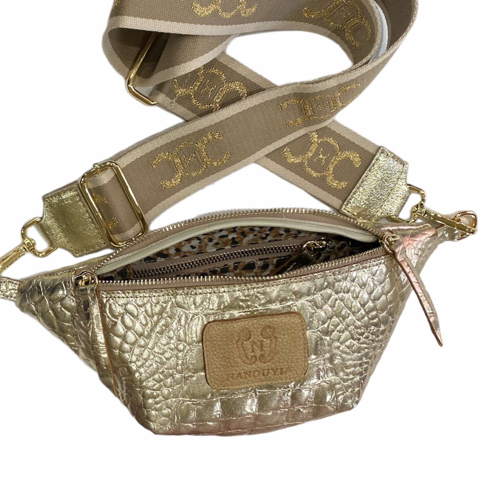 Mini gold alligator-print leather belt bag