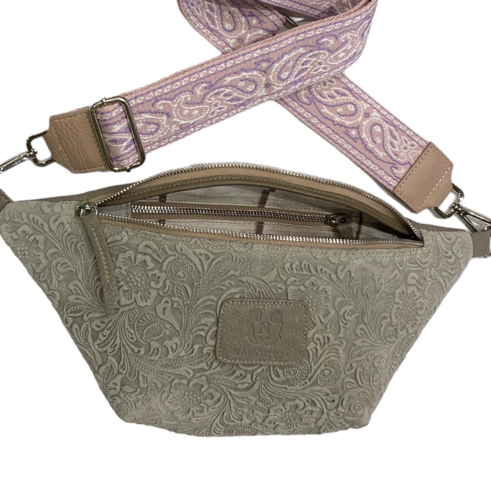 Grey 3d flowers leather belt bag with two straps