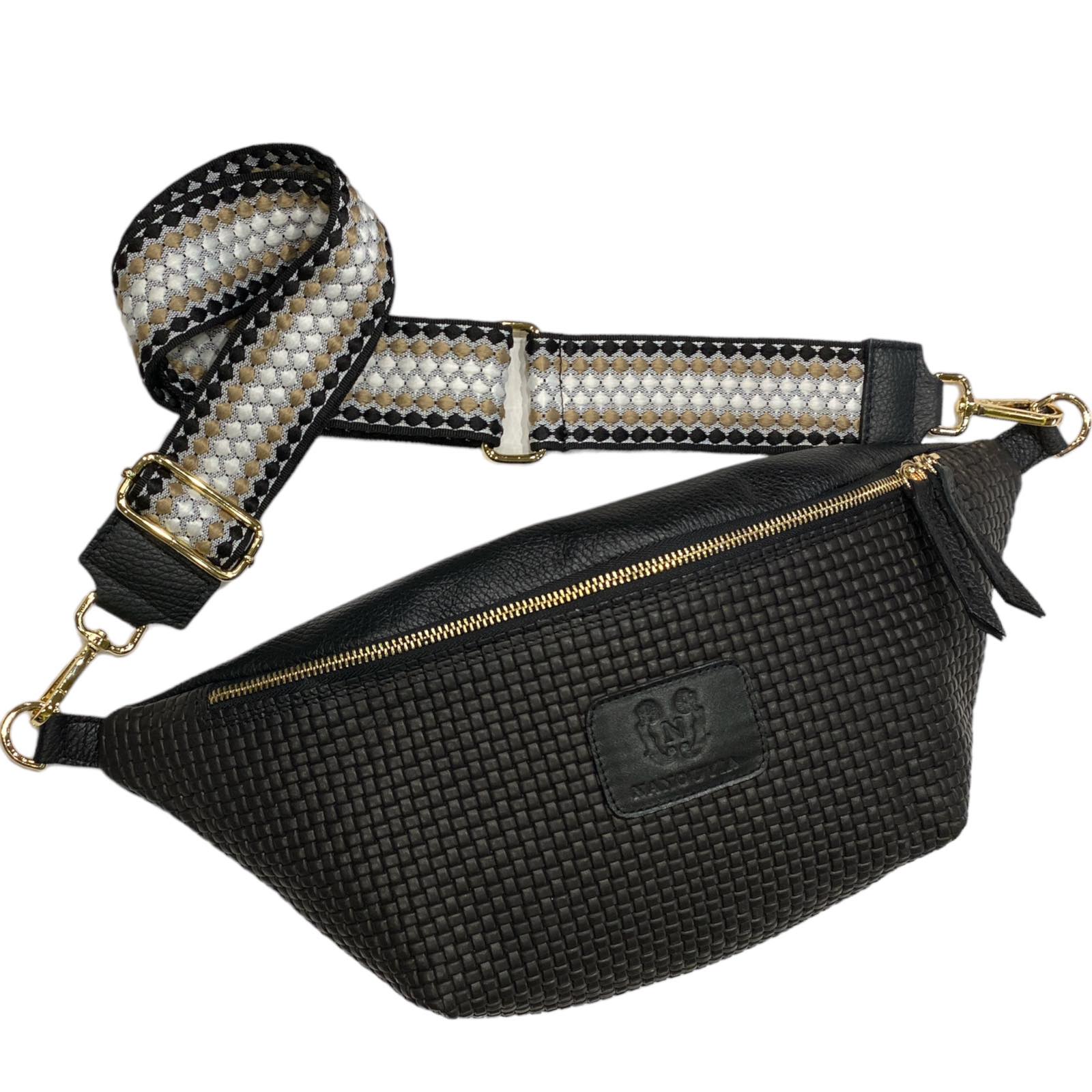 XL black woven-print leather belt bag