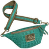 Mini turquoise alligator-print leather belt bag