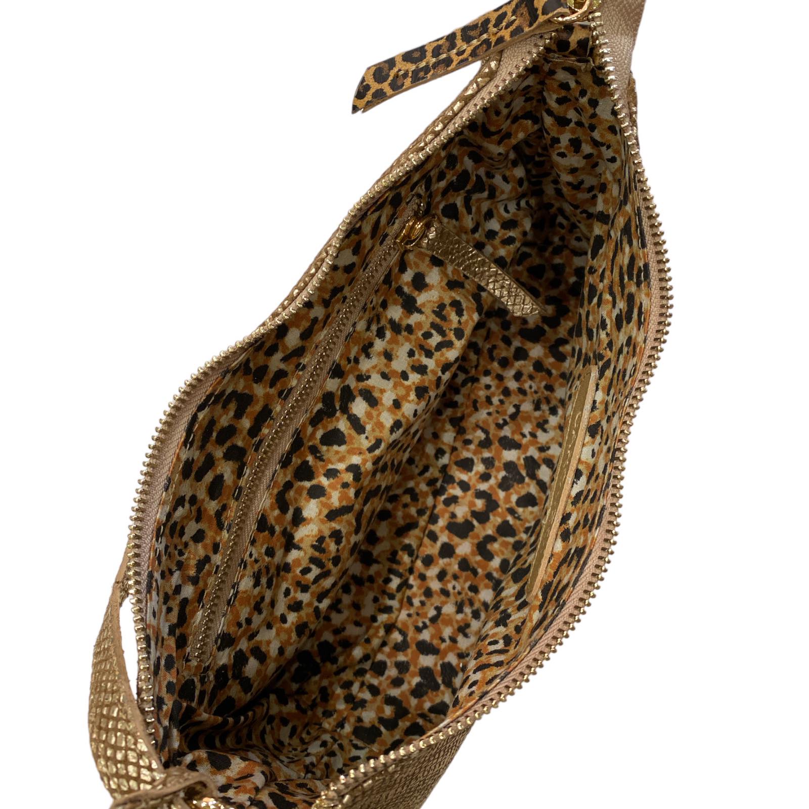 Natalie L. Gold leather evening bag with leo-print details