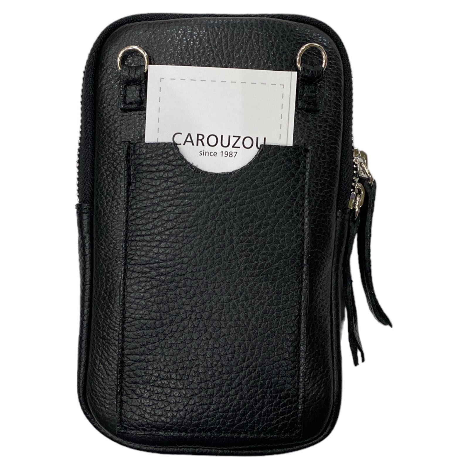 Black and white calf-hair mobile leather case with silver metals