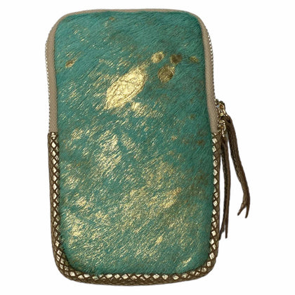 Turquoise and gold vintage calf-hair mobile leather case
