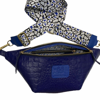Royal blue alligator-print leather belt bag