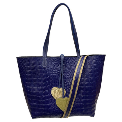 Hearts. Royal blue alligator-print leather shoulder bag