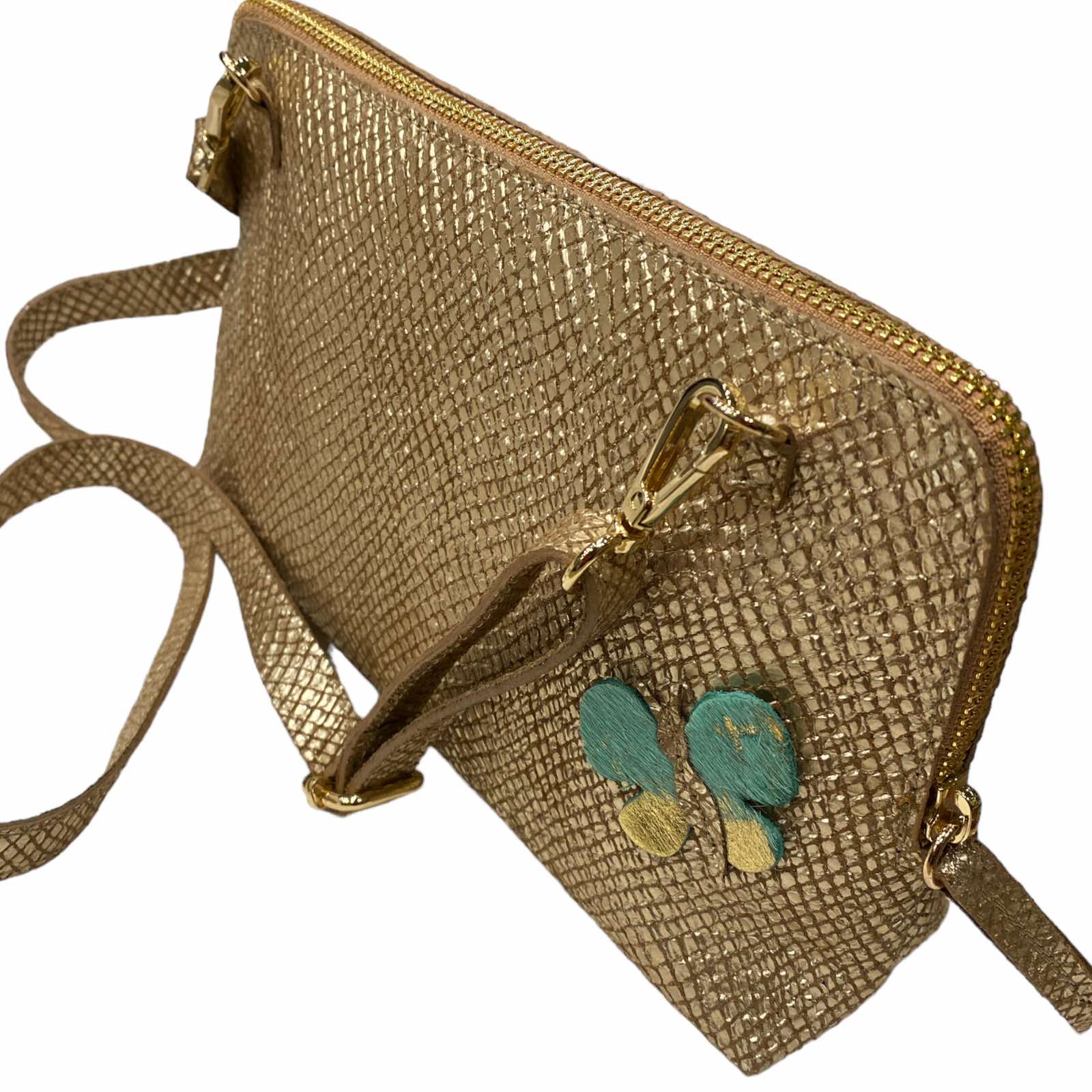 Box XL. Gold leather messenger bag with butterflies