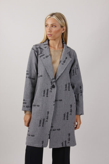 GREY ART COAT WITH BLACK LETTERS
