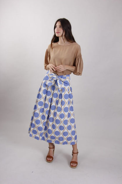 Chic sky blue with camel bow skirt