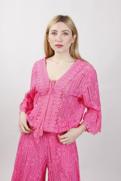 Strong pink chic v lace top