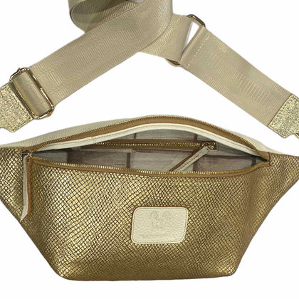 XL GOLD AND VANILLA LEATHER STATMENT BELT BAG