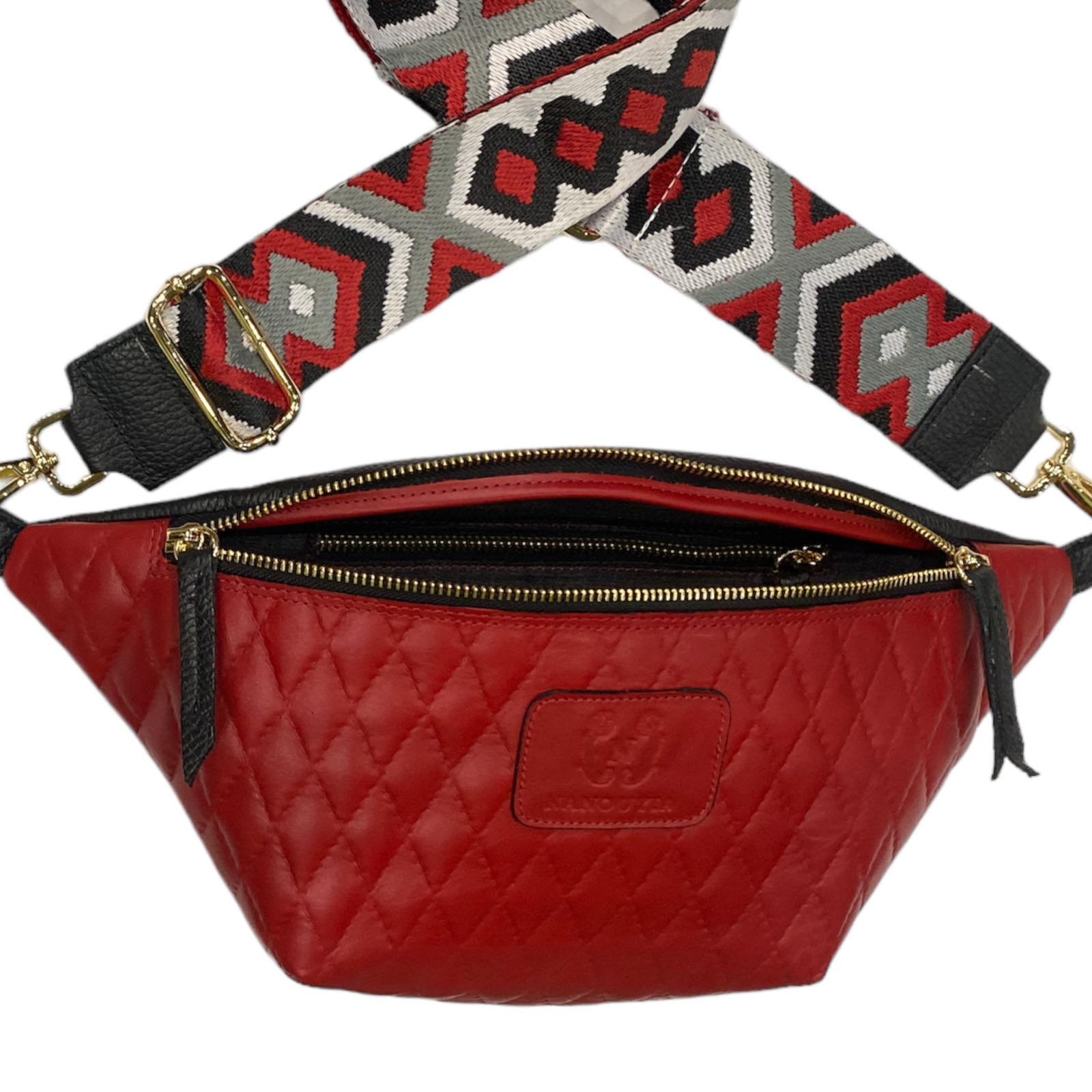 RED QUILTED WITH BLACK LEATHER BELT BAG