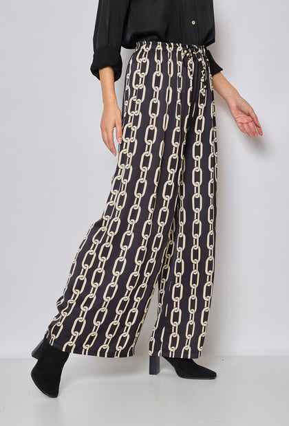 BLACK WITH BEIGE CHAIN PRINT SILK TOUCH PANTS