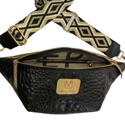 XL BLACK 3D-PRINT WITH GOLD LEATHER BAG.