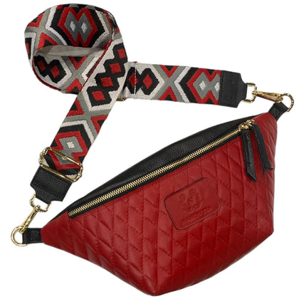 RED QUILTED WITH BLACK LEATHER BELT BAG
