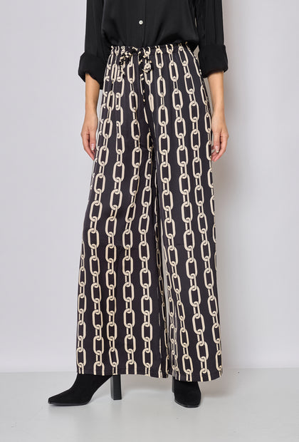 BLACK WITH BEIGE CHAIN PRINT SILK TOUCH PANTS