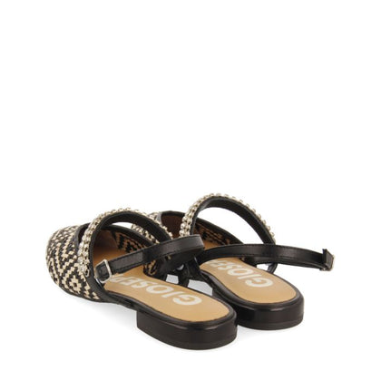Black and beige braided leather mules
