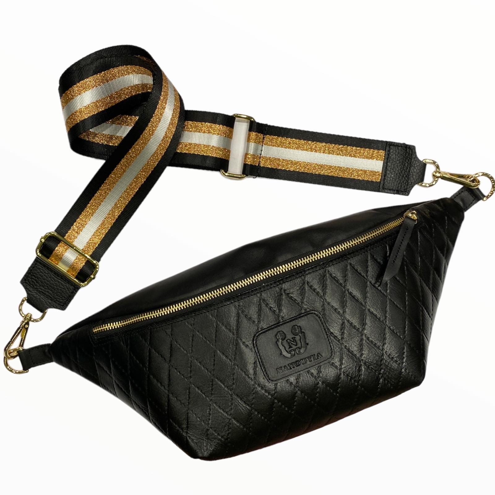 XL black quilted leather belt bag with lux strap