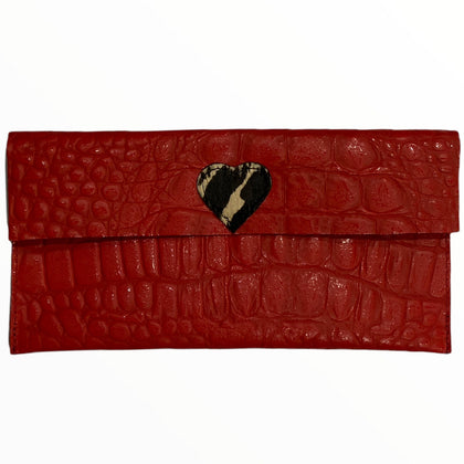 Carouzou red L clutch with cow-print heart