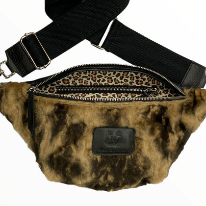 Beige and black teddy bear leather belt bag