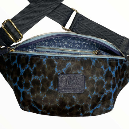 XL blue leo-print calf-hair leather belt bag