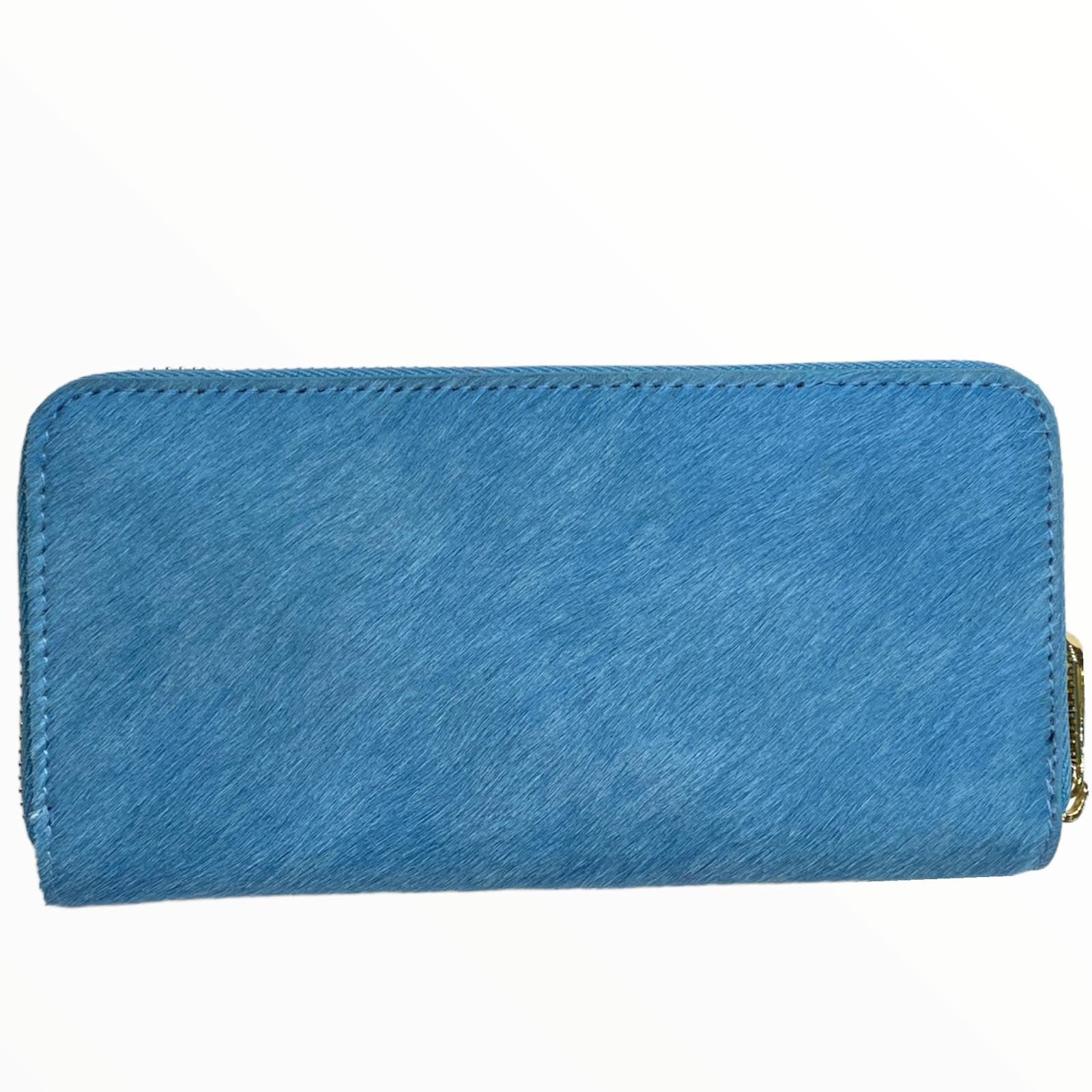 Sky blue calf-hair zip around leather wallet