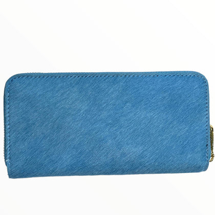 Sky blue calf-hair zip around leather wallet